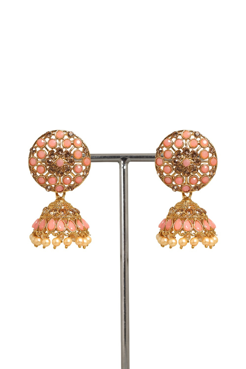 Salmon Pink Stone Studded Gold Plated Jhumka