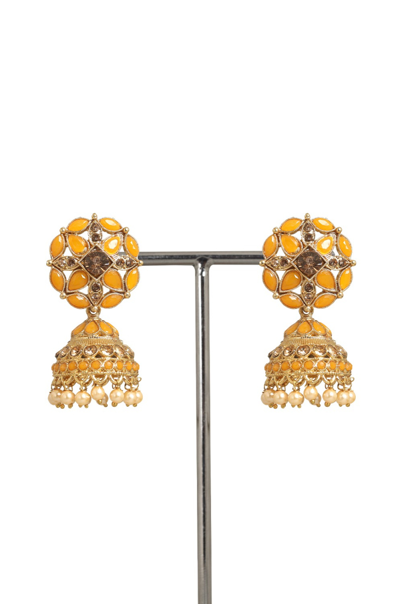 Light Orange Stone Work Gold Plated Earrings