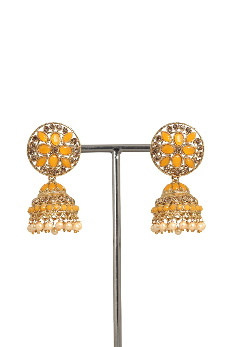 Light Orange Stone Work Gold Plated Earrings