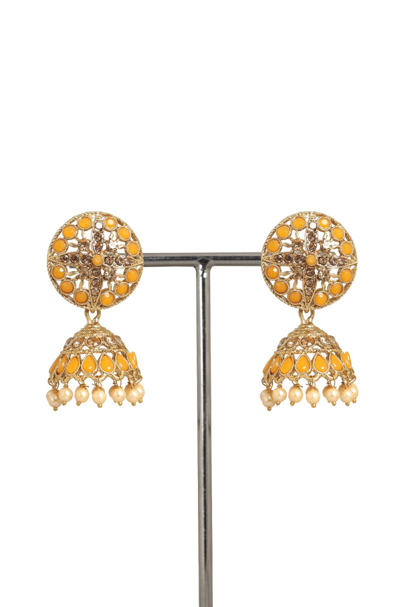Light Orange Stone Work Gold Plated Earrings