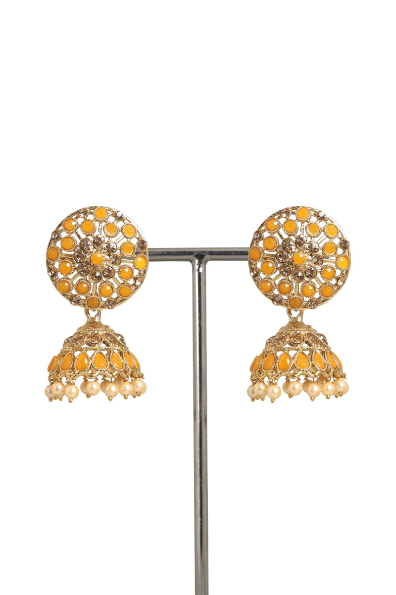 Light Orange Stone Work Gold Plated Earrings