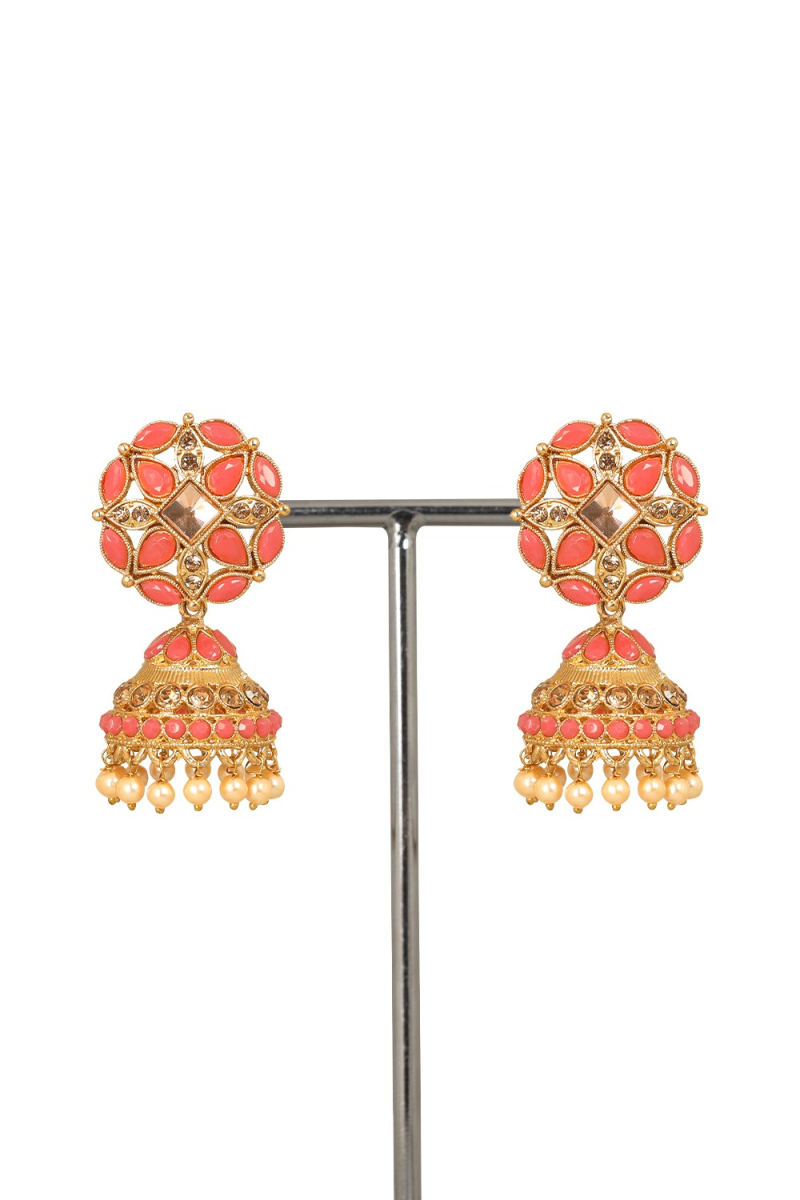 Gold Plated Salmon Pink Stone Studded Jhumka Earrings