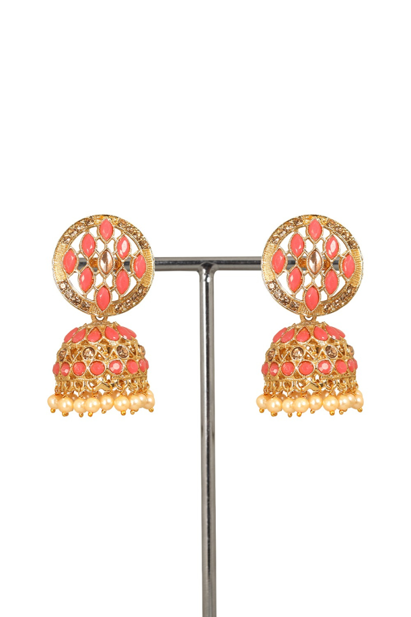 Gold Plated Salmon Pink Stone Studded Jhumka