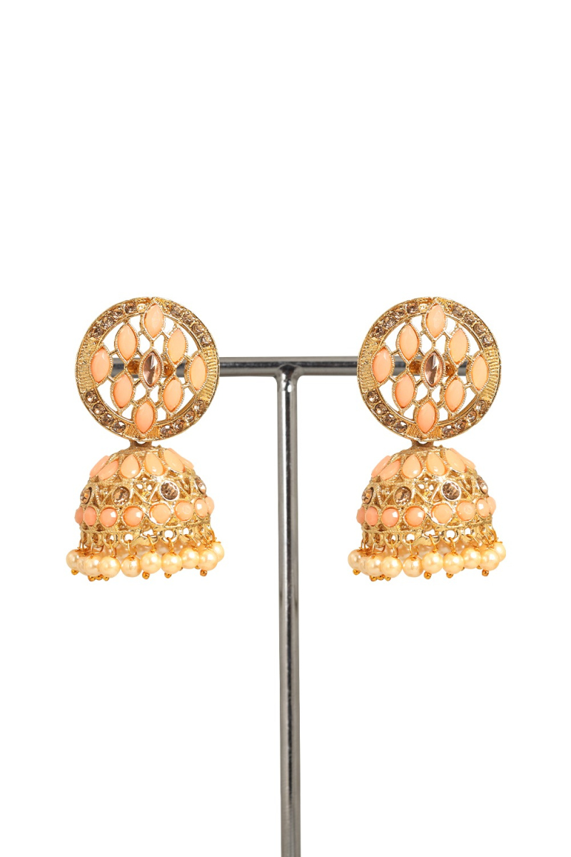 Salmon Peach Stone Work Gold Plated Jhumkas