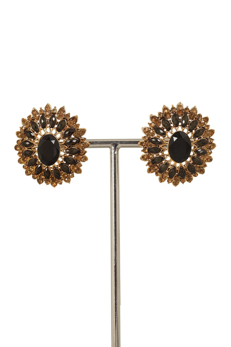 Black Stone Work Stud Earrings With Gold Plated Finish