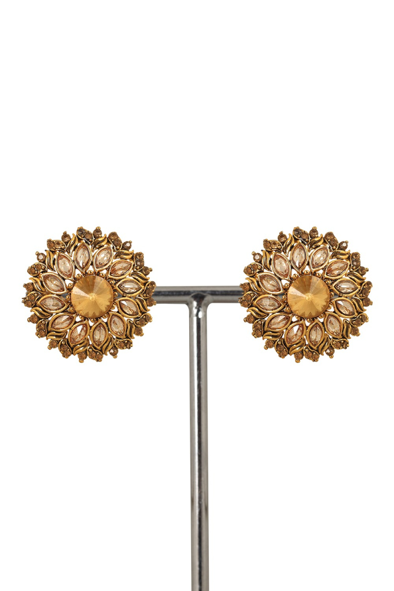 Gold Stone And Pearl Stud Earrings 