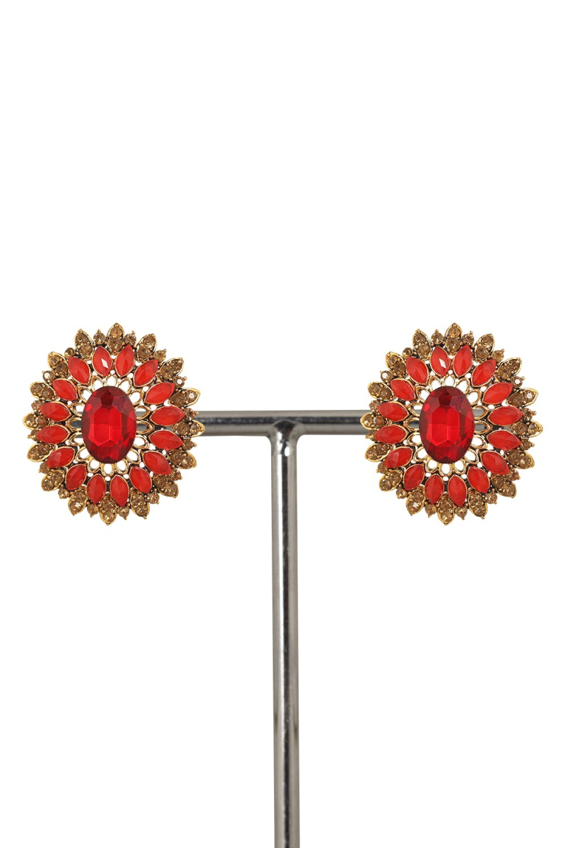 Red Stone And Pearl Stud Earrings 