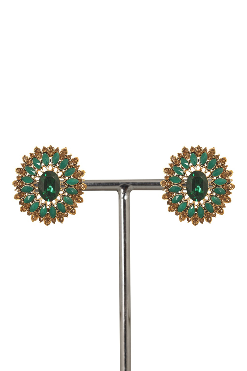 Emerald Green Stone And Pearl Stud Earrings 