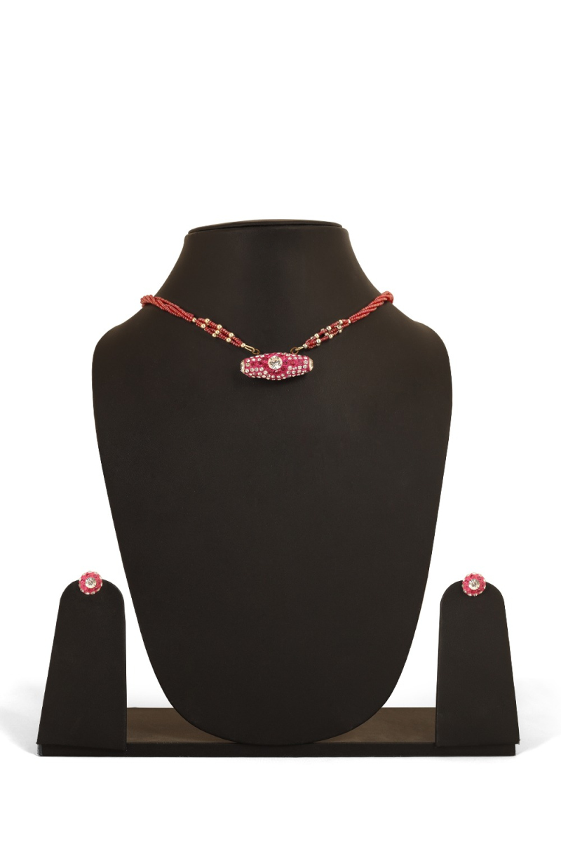Ruby Pink Stone Work Necklace Set With Earring