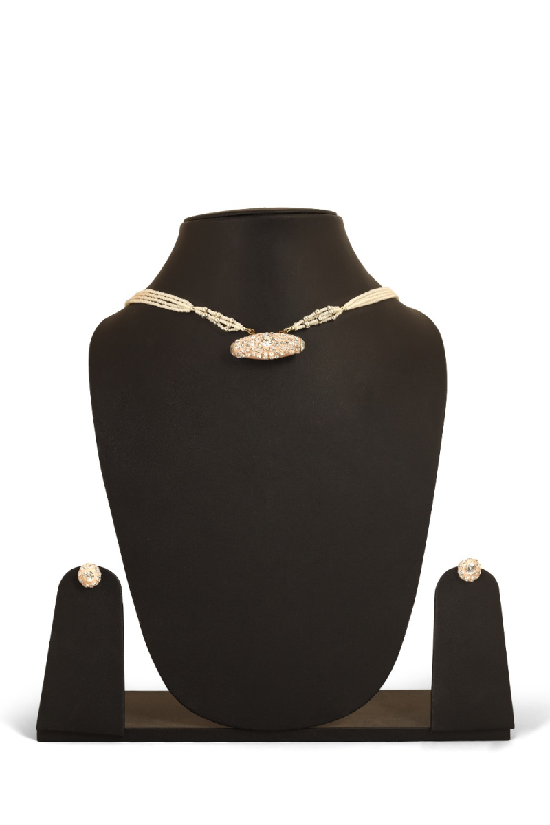 Creamy Pink Stone Work Necklace Set With Earring