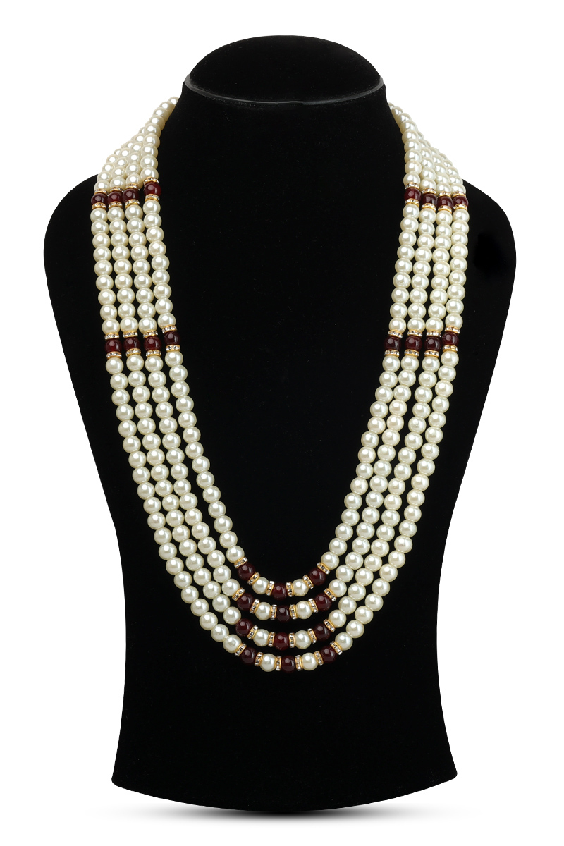 White & Maroon Pearl Sherwani Mala with Elegant Stones