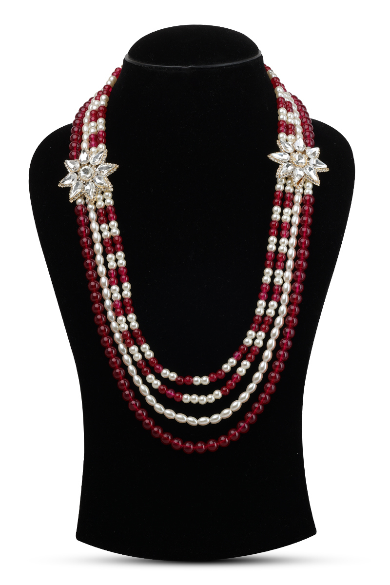 White & Pink Pearl Sherwani Mala Necklace for Weddings