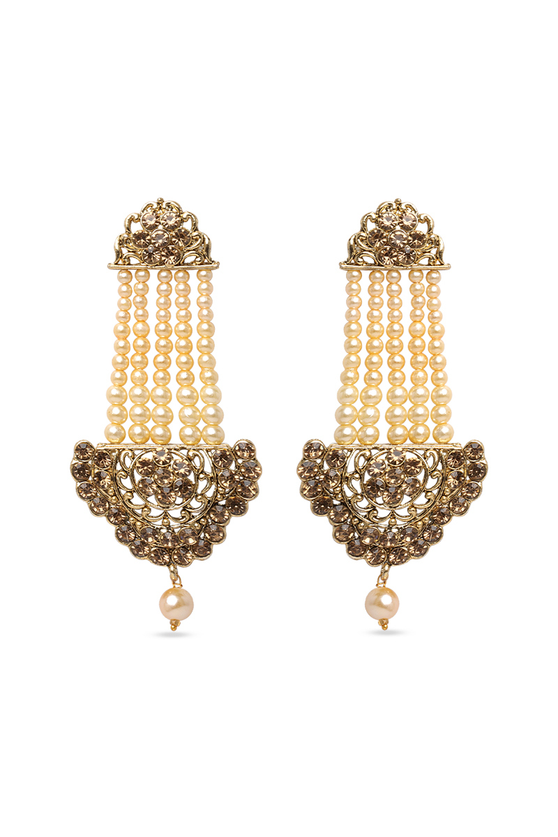 Brown Stone Studded Pearl Drop Earrings