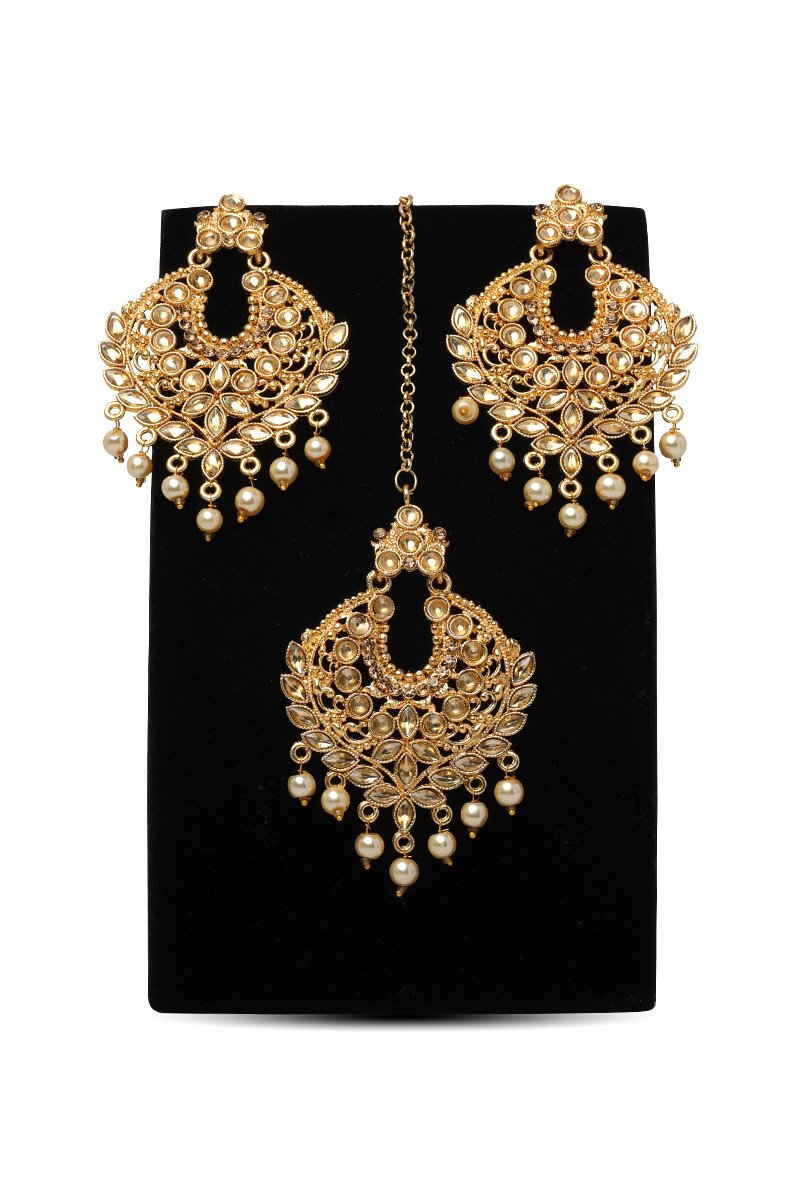 Gold Plated Kundan & Pearl Drop Bridal Earrings with Maang Tikka