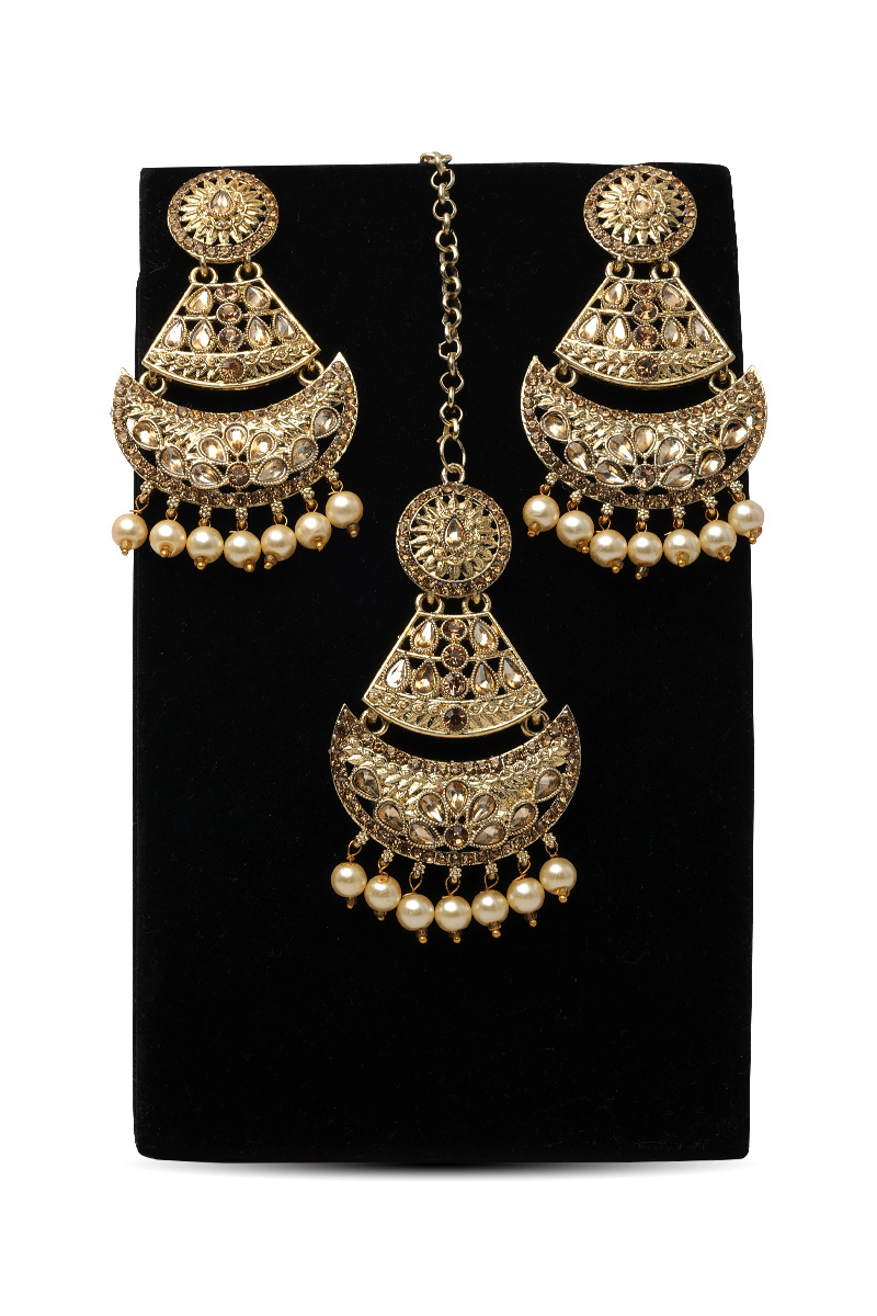 Gold Plated Stone Studded Drop Earrings With Maangtika