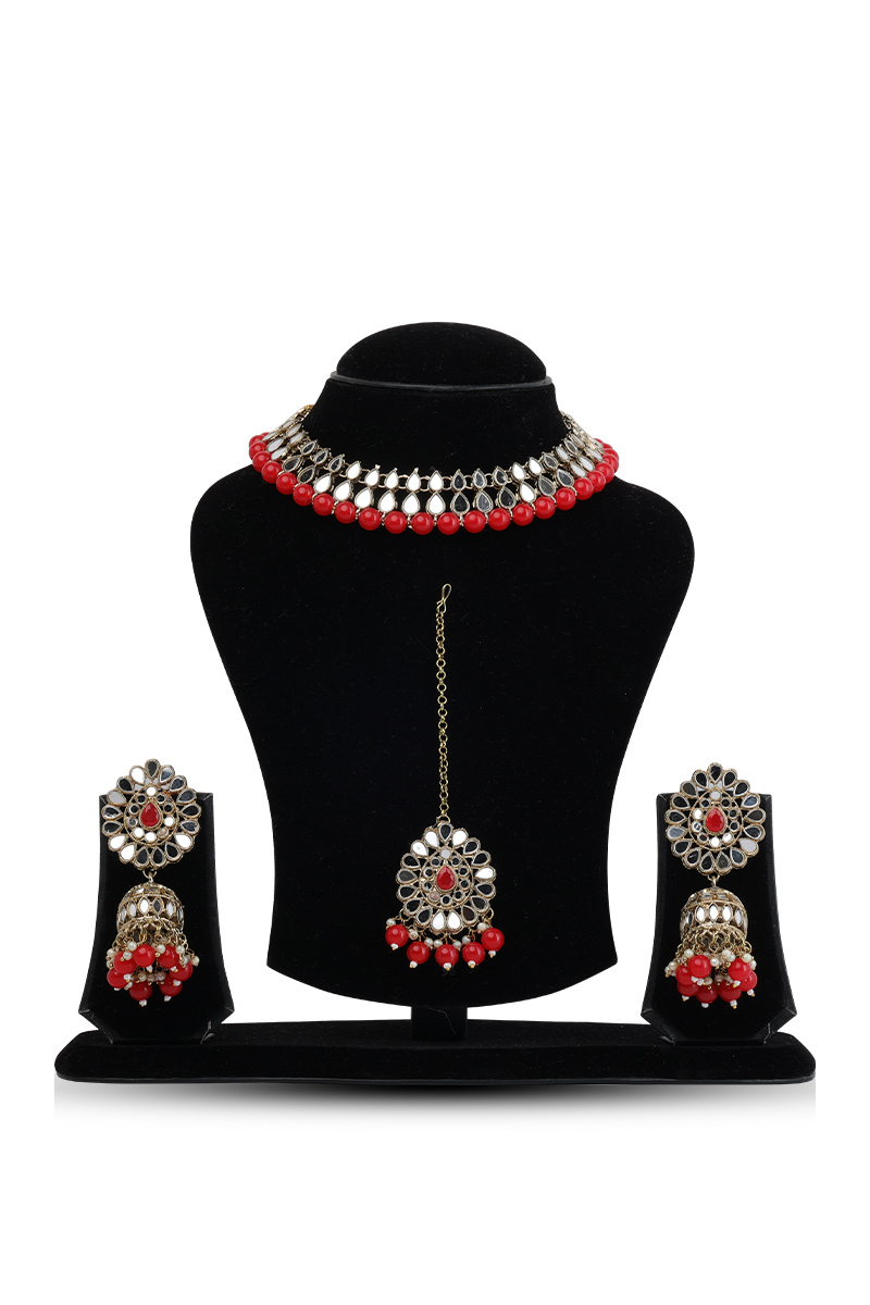 Tomato Red Choker Necklace Set with Jhumka Earrings and Mangtikka
