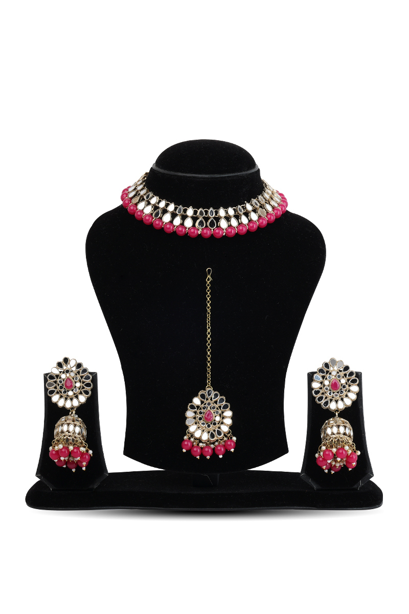 Magenta Pink Beaded Choker Necklace with Jhumka & Mangtikka