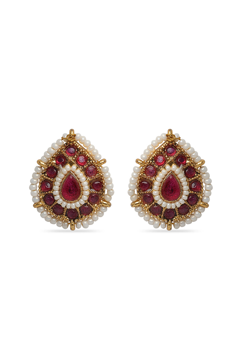  Stone Studded Magenta Stud Earrings