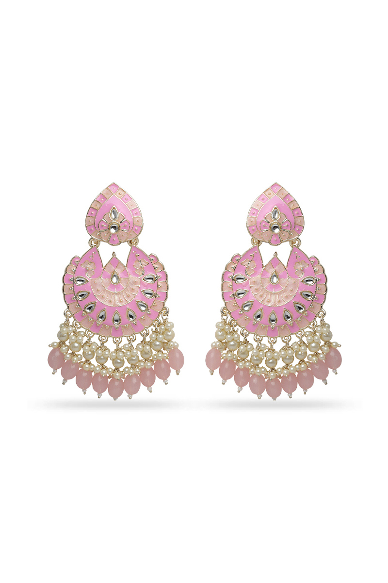 Lilac Chandbali Earrings with Meenakari Kundan & Pearls