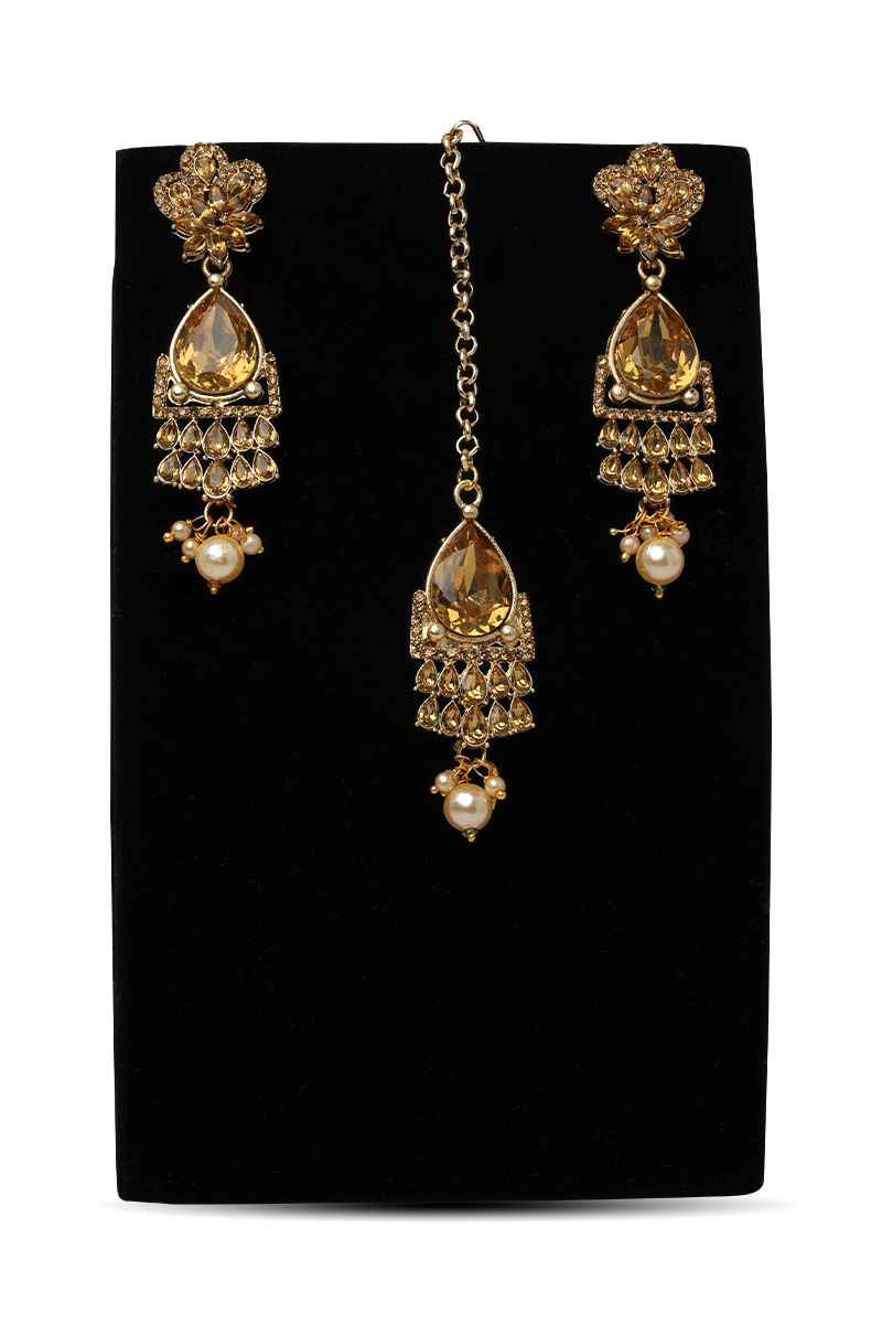Drop Style Earring & Maangtika Set with Stone Studded Pearls