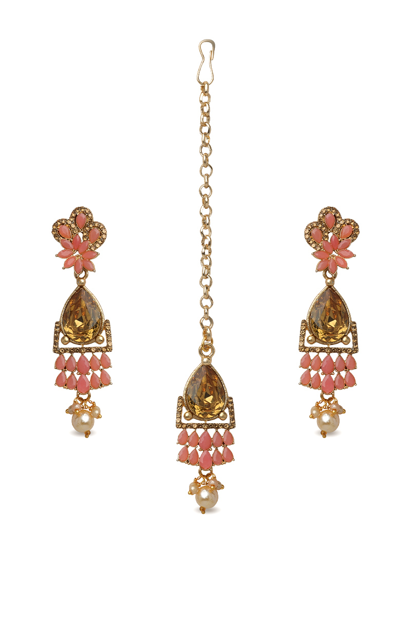 Peach Pink Stone Studded Drop Earrings With Maangtika