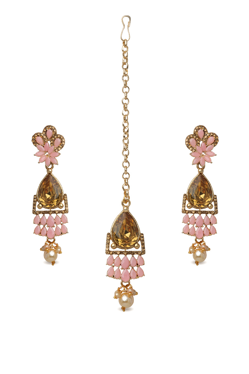 Candlelight Peach Stone Studded Drop Earrings With Maangtika
