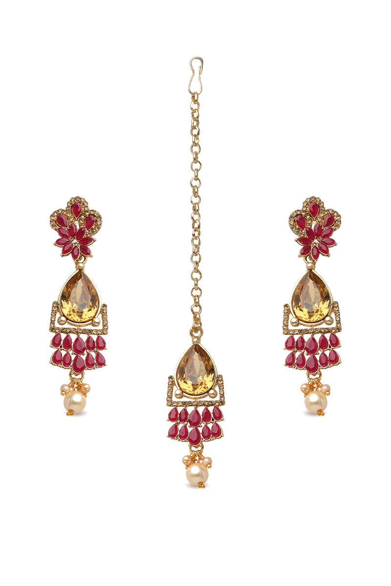  Stone Studded Pearl Drop Earrings with Maangtika