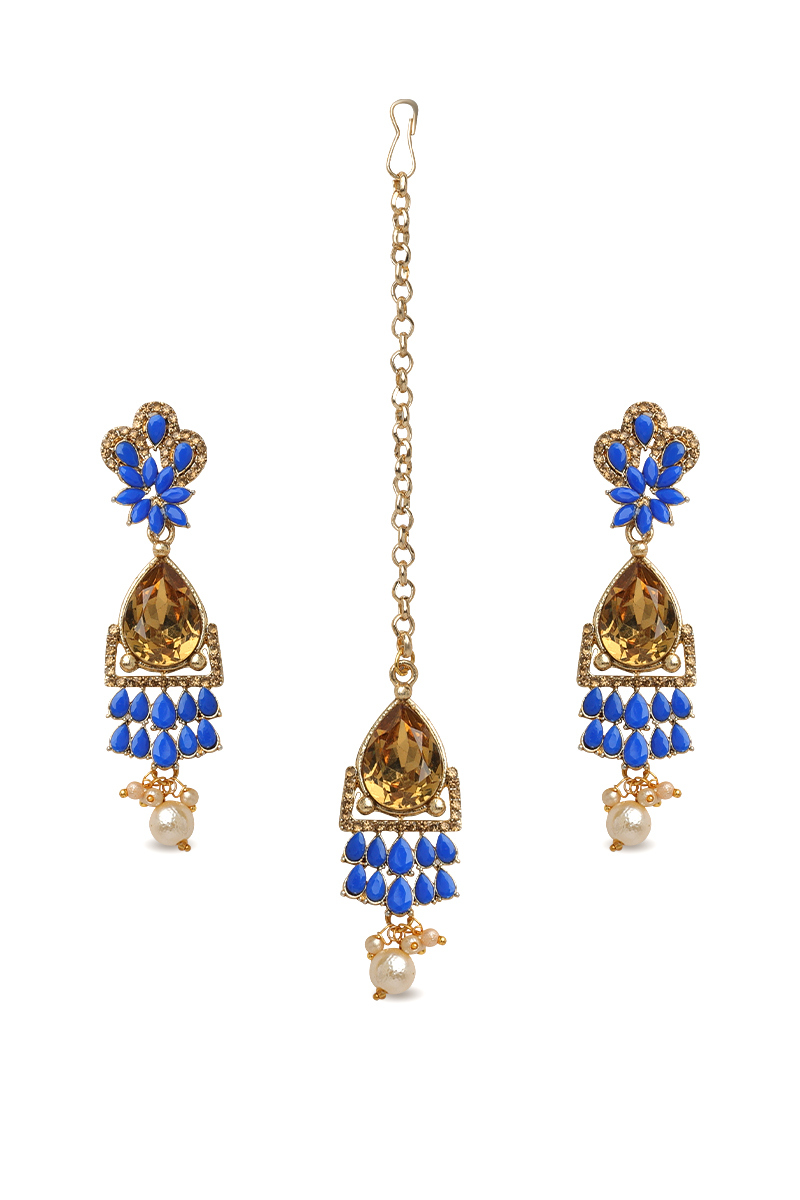 Blue Stone Studded Drop Earrings With Maangtika