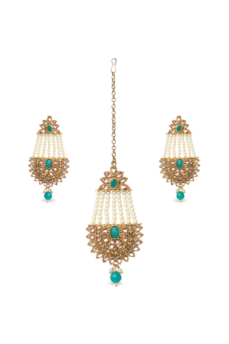 Bridal Kundan Pearl Drop Earrings with Maangtika