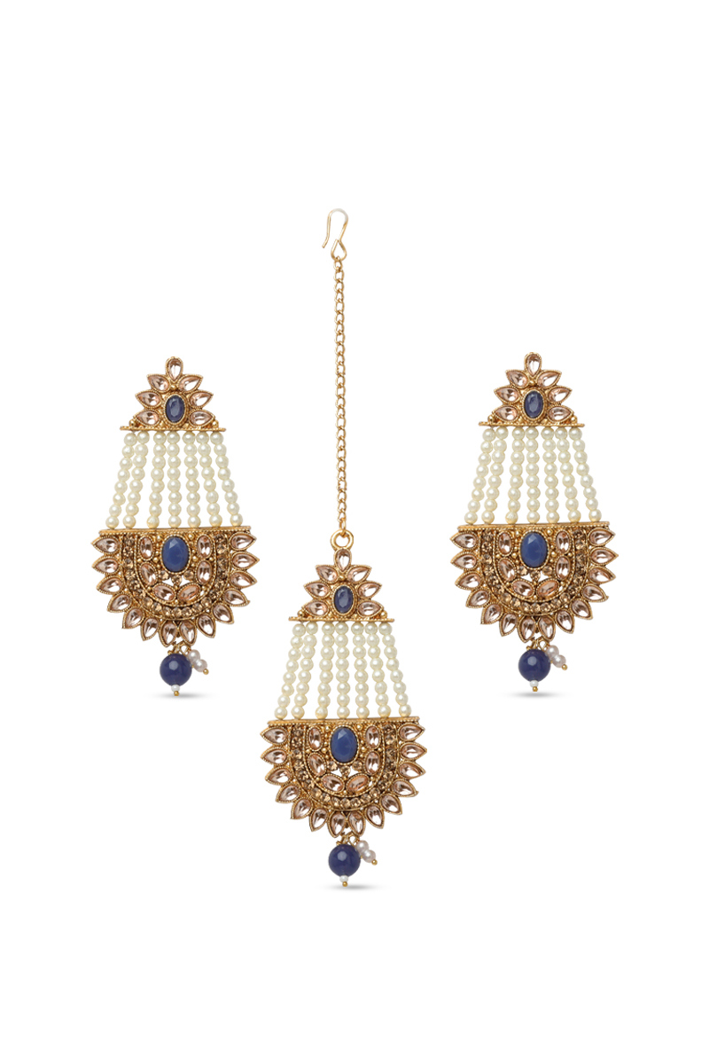 Kundan Pearl Drop Earrings with Matching Maangtika