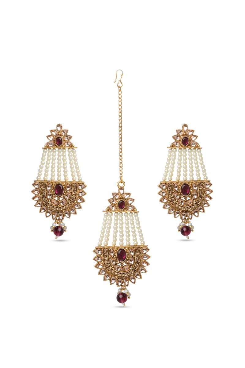 Gold Finish Kundan Drop Set with Pearl Maangtika