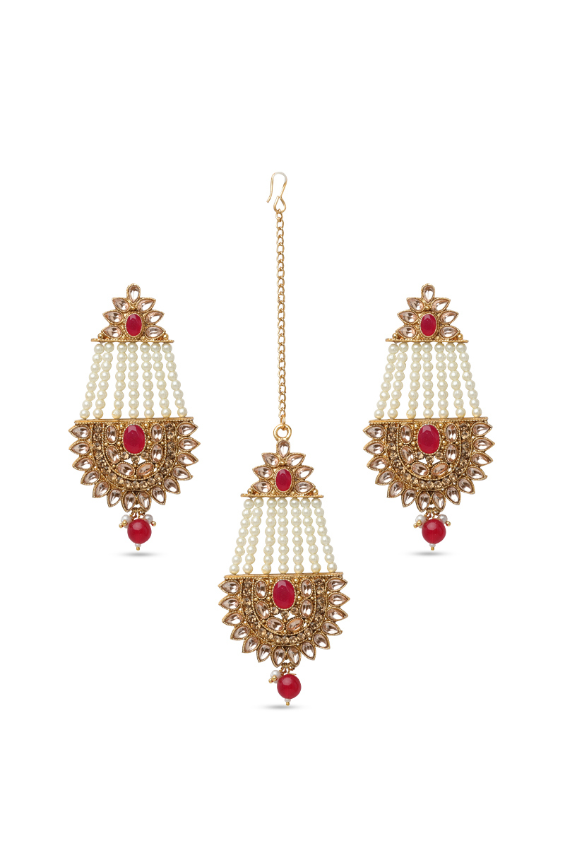 Pearl & Kundan Drop Earrings with Maangtika Set