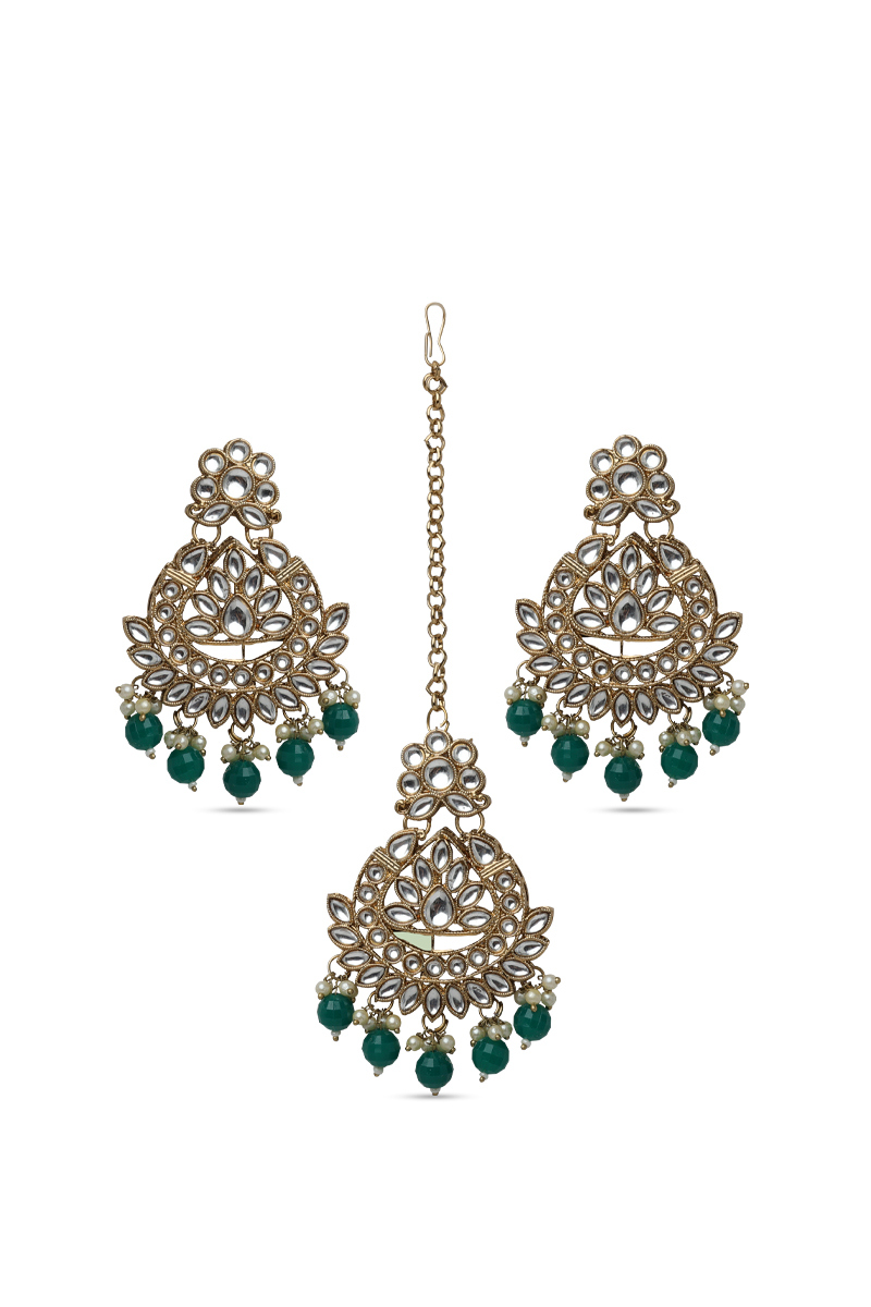 Emerald Beads Tikka & Earrings with Kundan Design