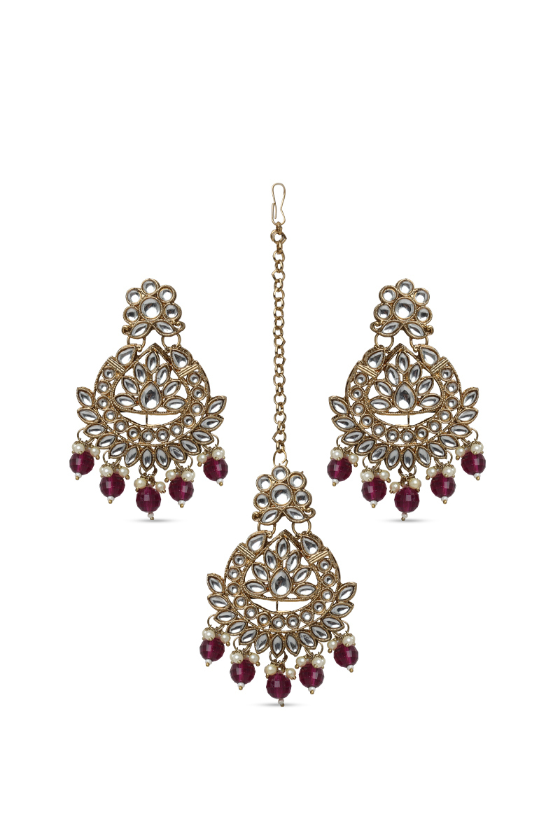 Maroon Beaded Kundan Maang Tikka & Earring Set