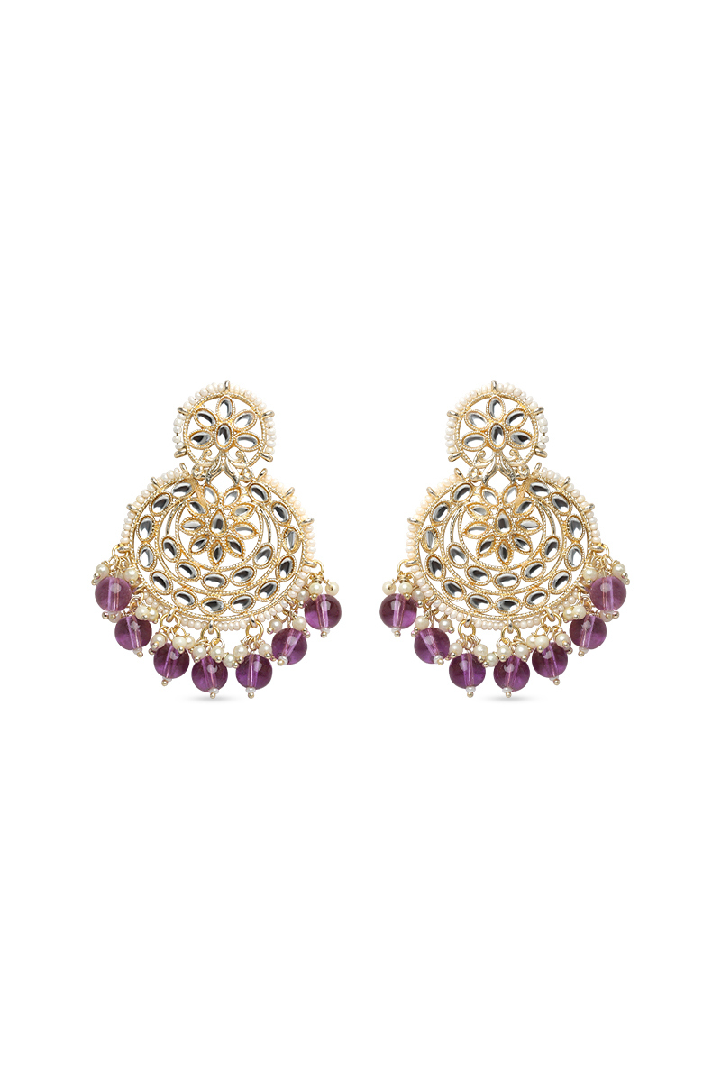 Lavender Kundan Chandbali Earrings with Beads & Pearls