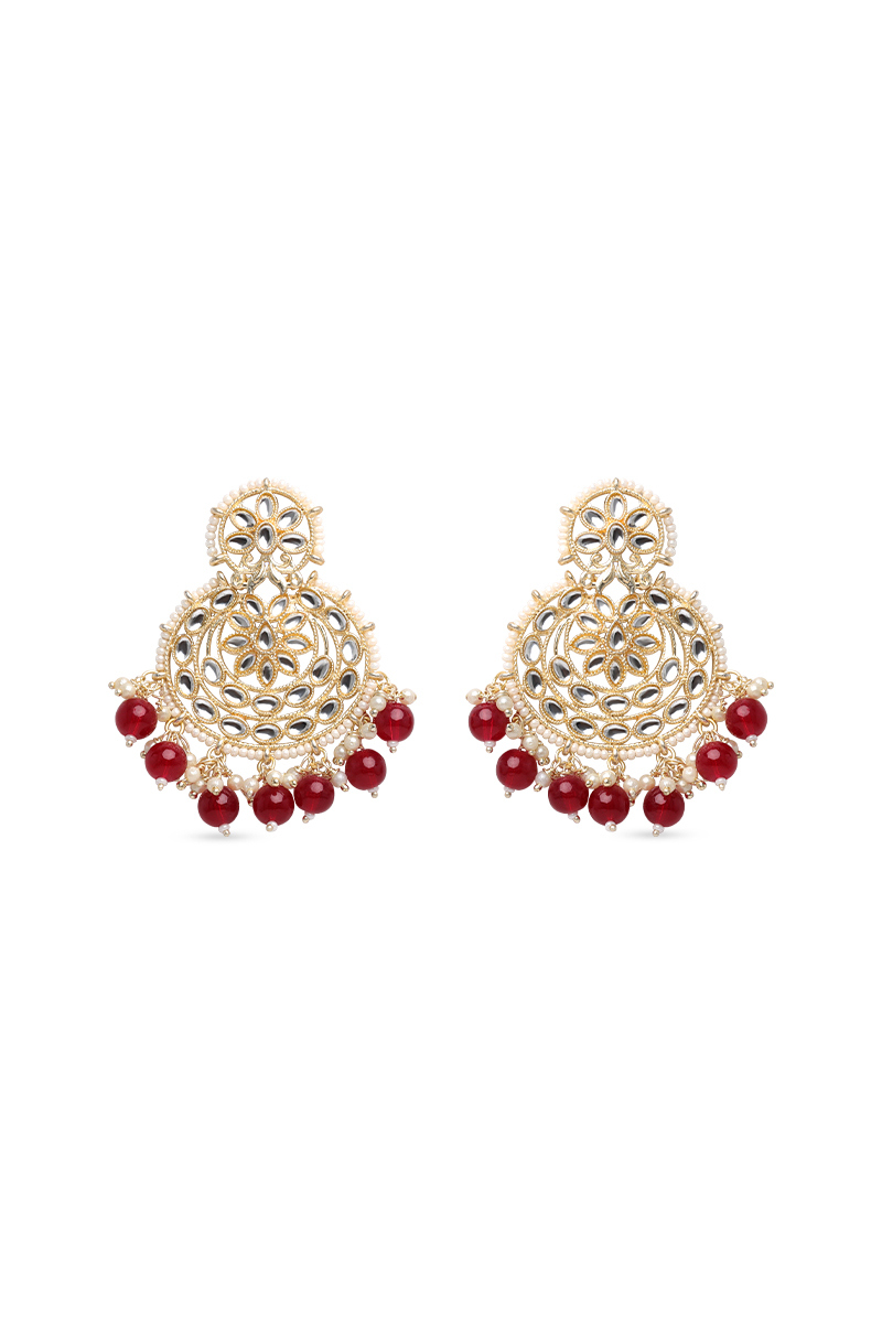 Wine Maroon Kundan Chandbalis with Elegant Beaded Work