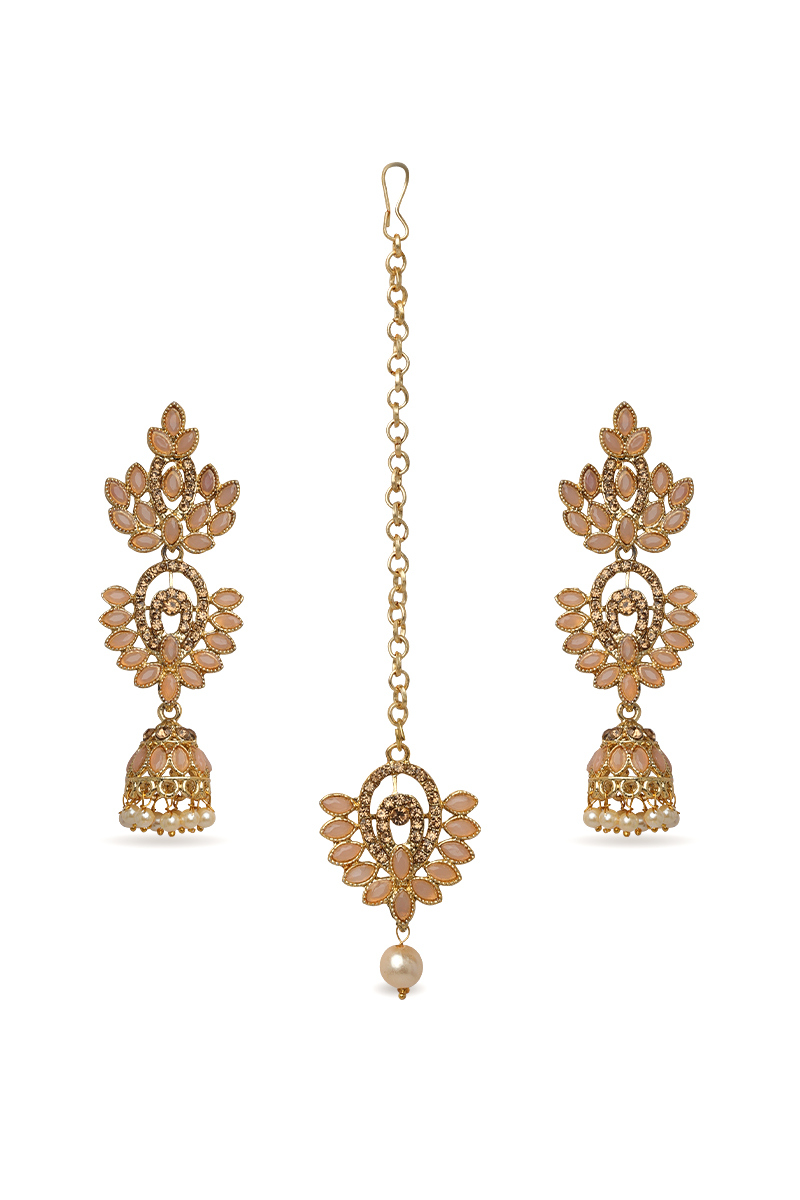 Cream Beaded Peach Stone Studded Drop Earrings With Maangtika