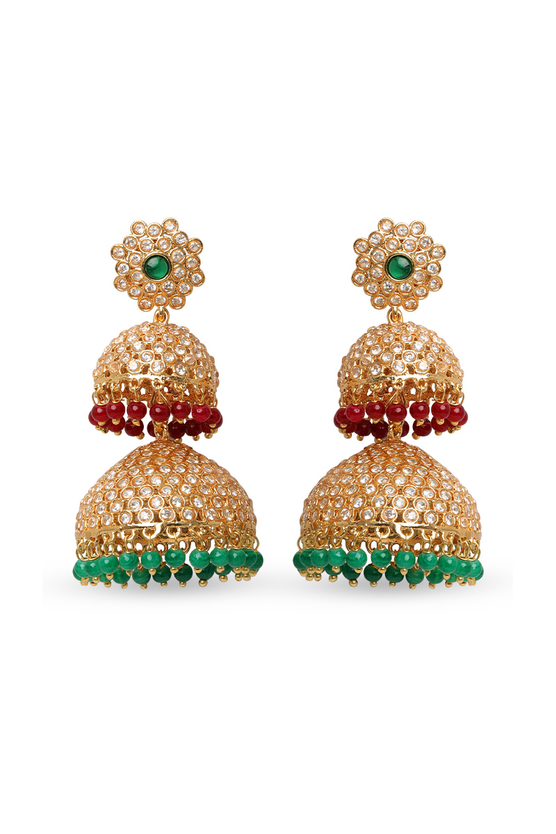 White Stone Studded Jhumkas With Green And Maroon Beads