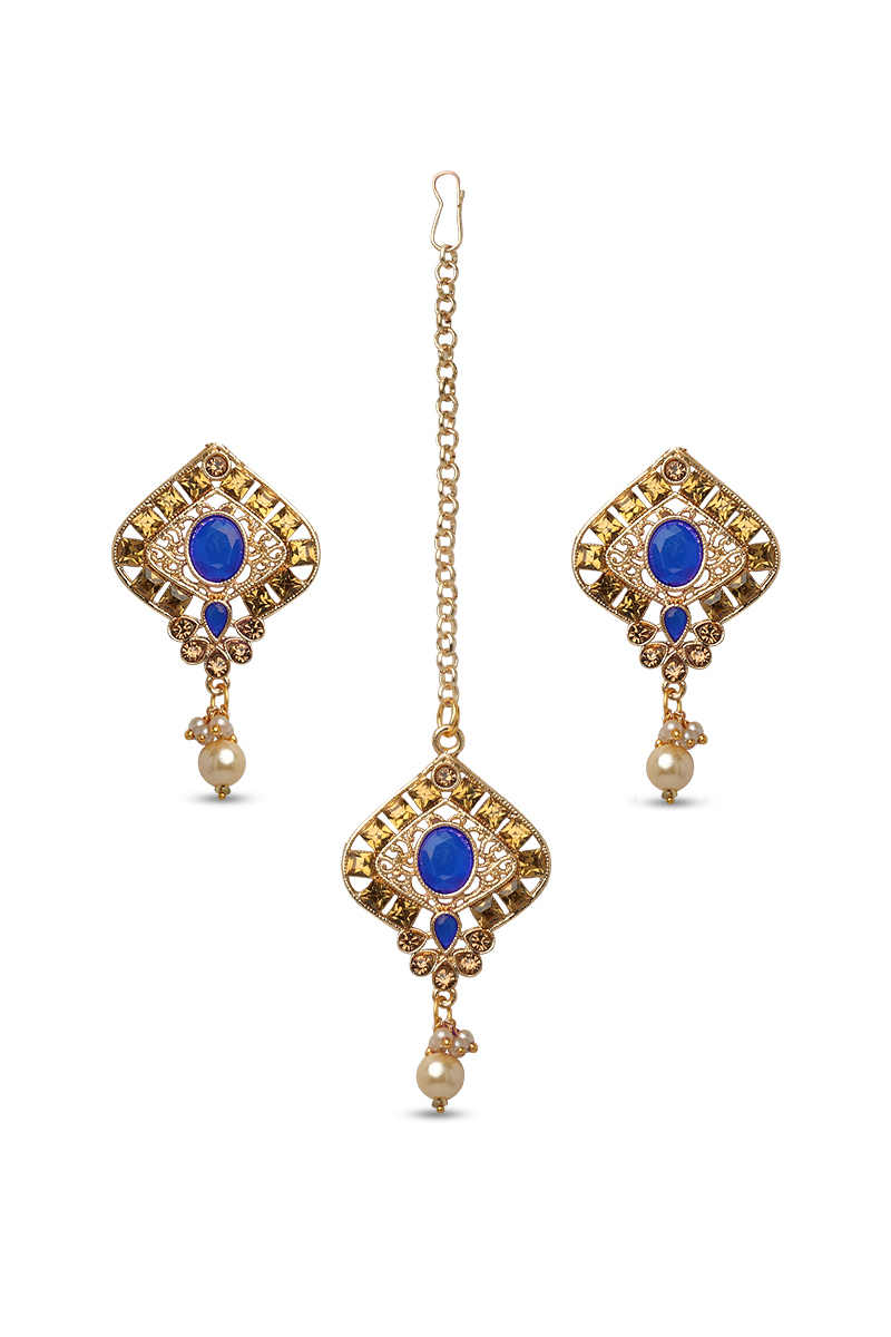 Blue Gemstone & Pearl Gold-Plated Drop Earrings with Mang Tikka