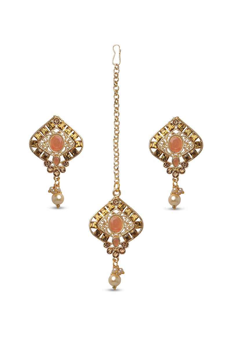 Peach Stone Studded Pearl Drop Earrings With Maangtika