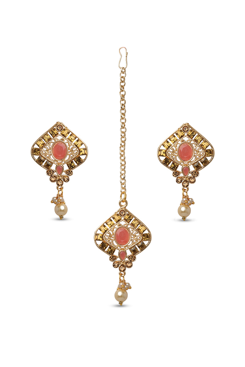 Peach Stone Studded Drop Earrings With Maangtika