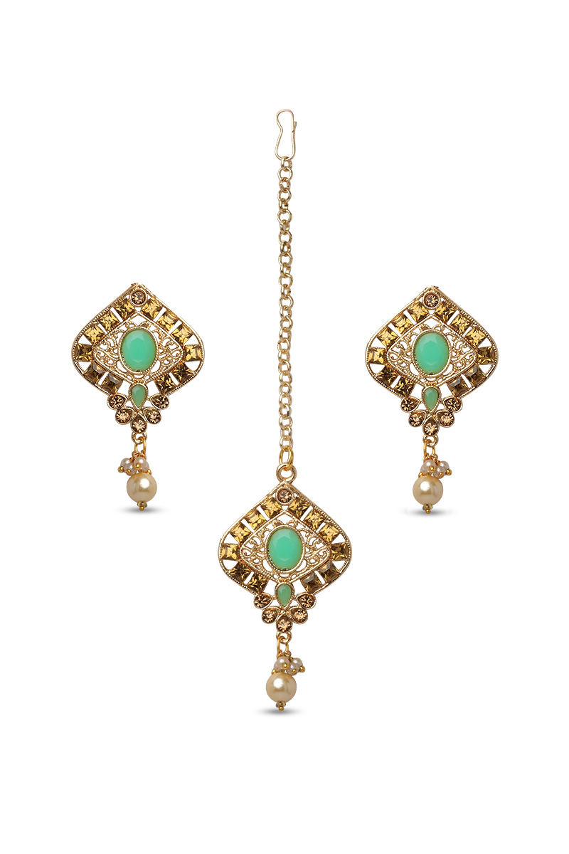 Emerald Green Stone Studded Drop Earrings With Maangtika