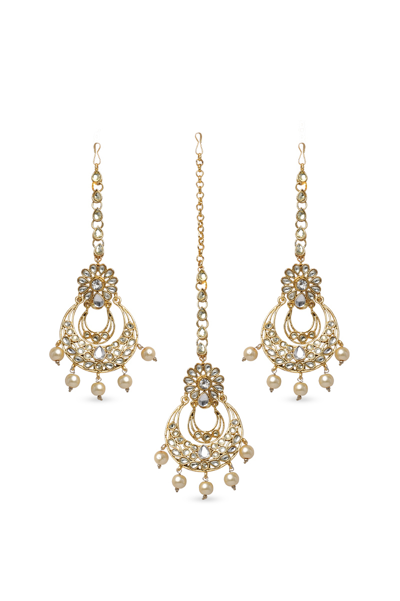 Pearl Beaded Kundan Maang Tikka & Earring Set