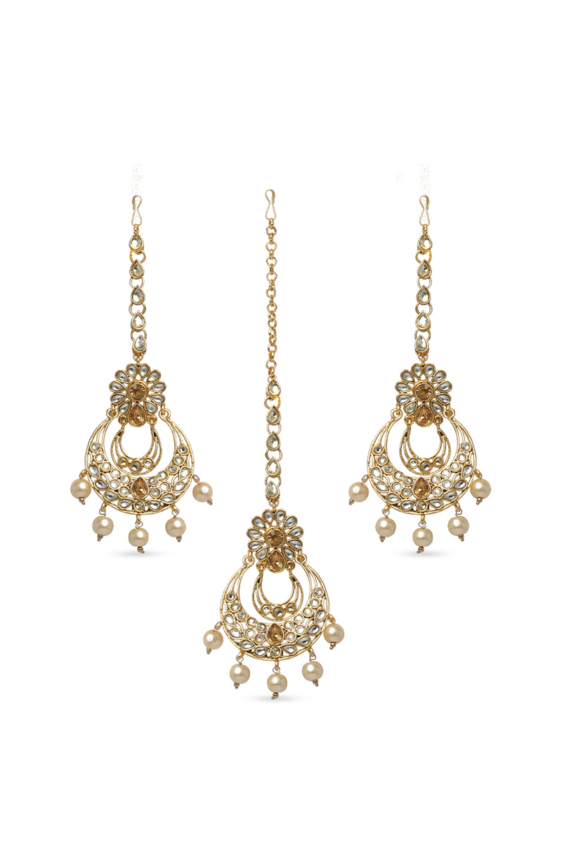 Gold Plated Tikka & Earrings with Pearl Danglers