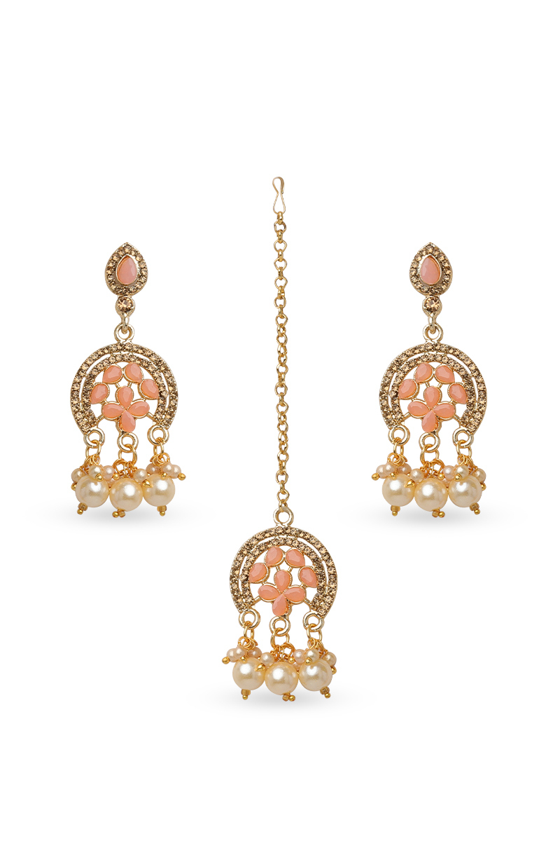 Salmon Peach Stone Studded Drop Earrings With Maangtika