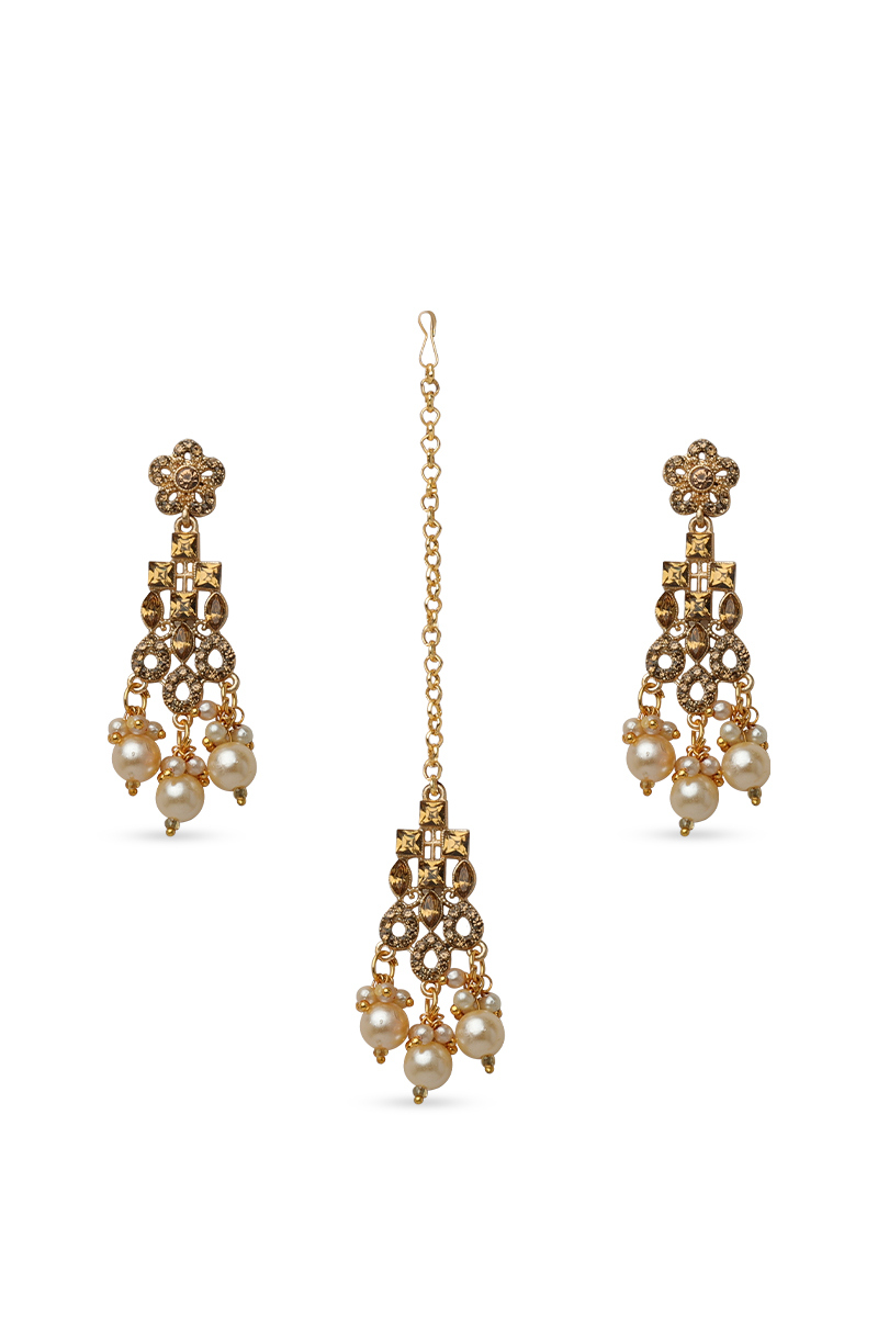 Gold Color Stone Studded Drop Earrings With Maangtika
