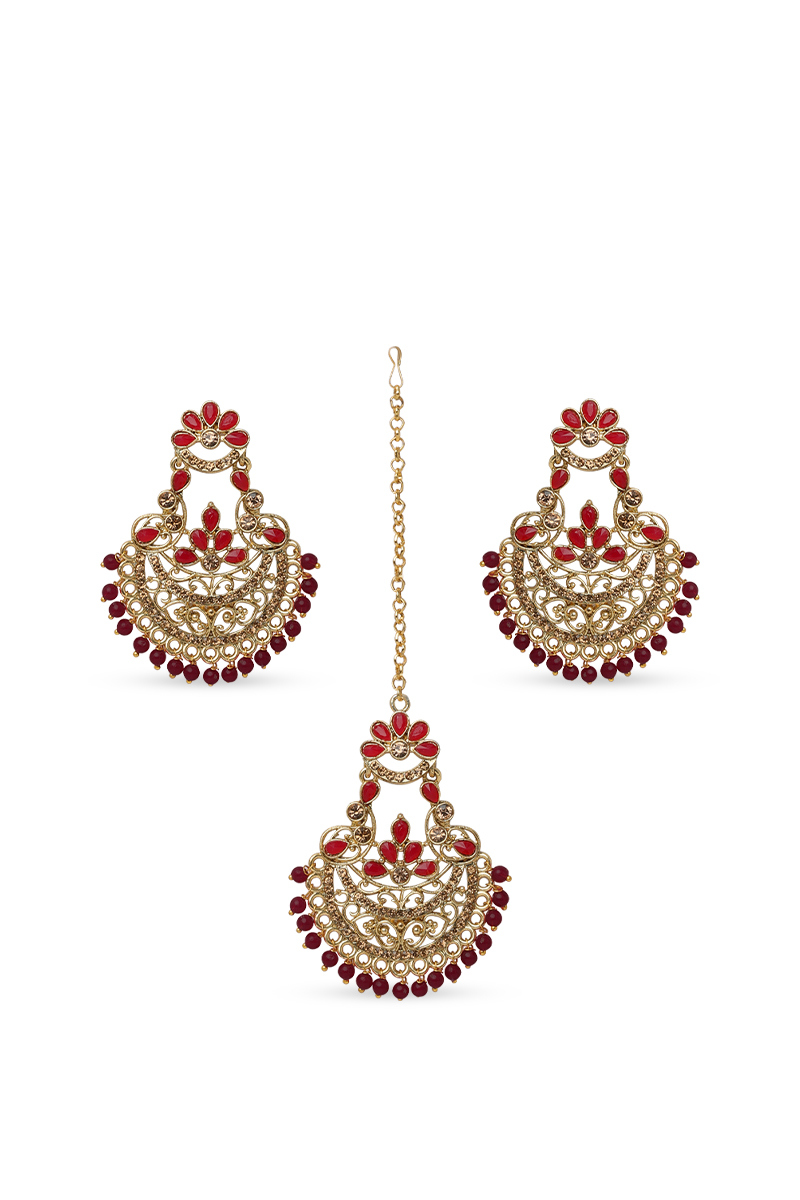 Red Stone Maang Tikka & Earrings with Golden Filigree