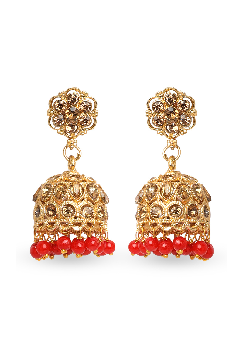 Red Stone Studded Stud Jhumka Earrings