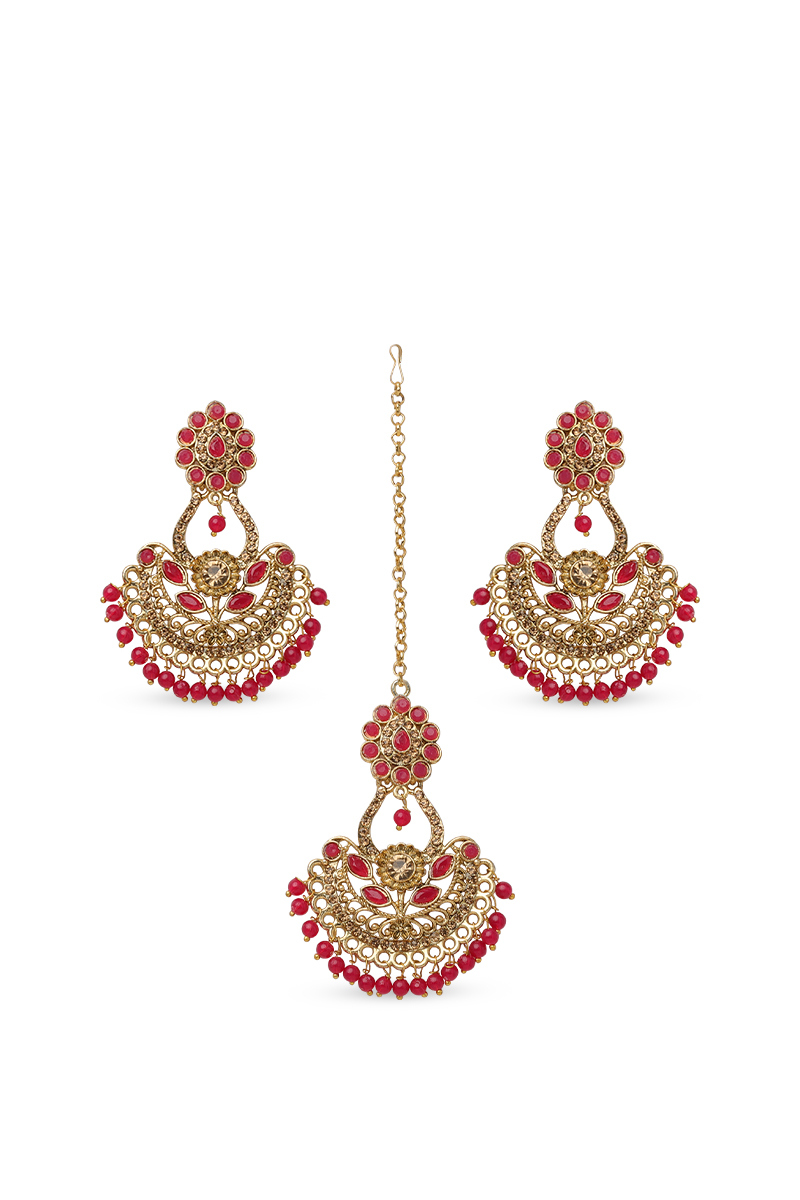 Gold Plated Red Beaded Tikka and Earrings Set