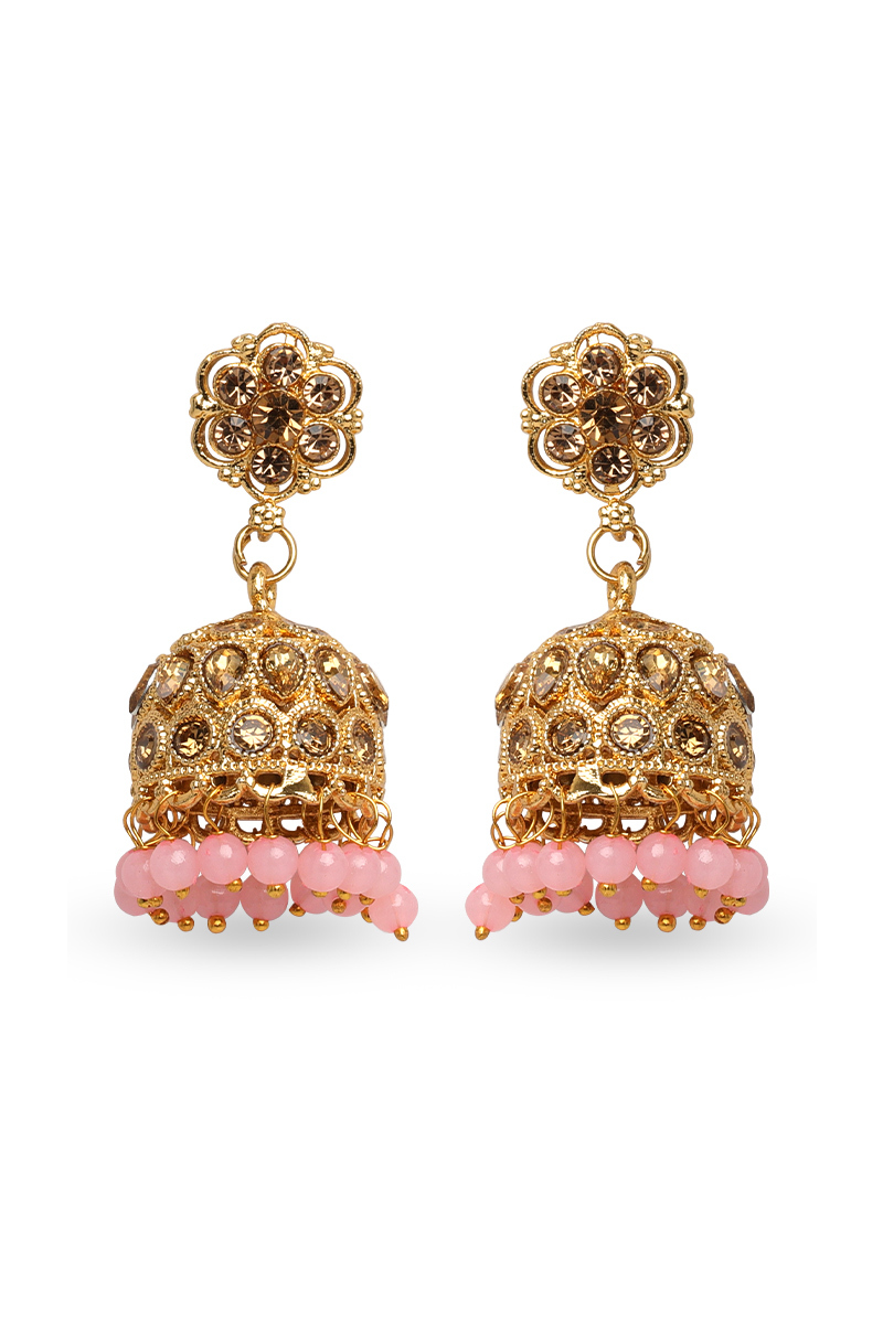 Stone Studded Jhumka Earrings With Baby Pink Beads